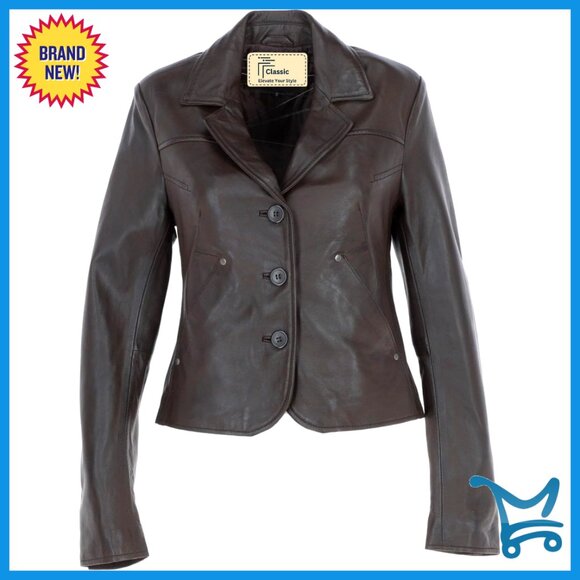 Lambskin Leather Blazer Cropped Short Body 3 Button Slim Fit Jacket